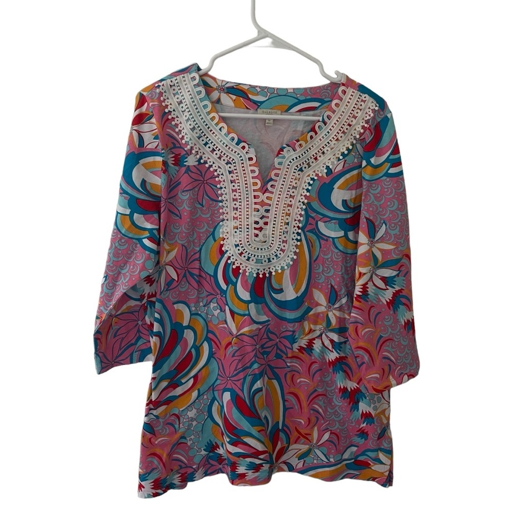 Talbots Women's Colorful Tunic Top Crochet Detail Neck Beachy Size 1X